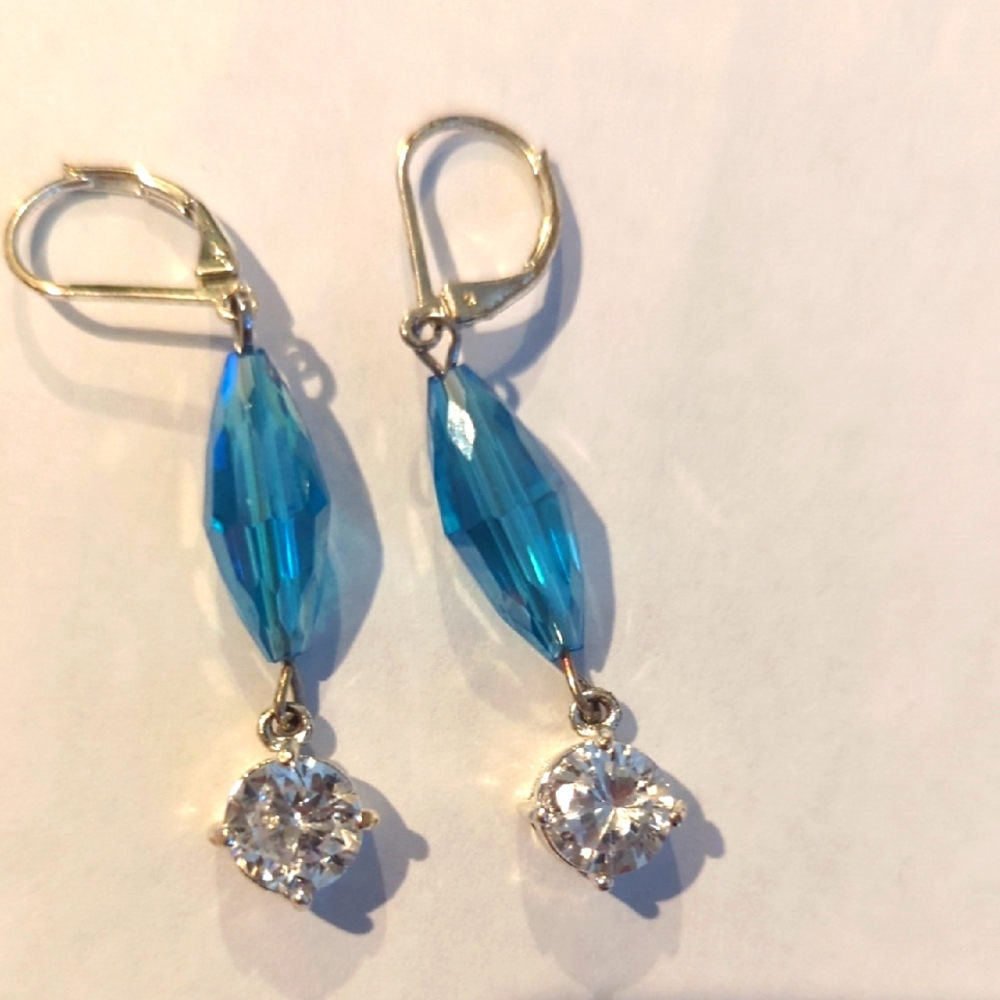 Blue Crystal Bead and Rhinestone Drop Earrings
